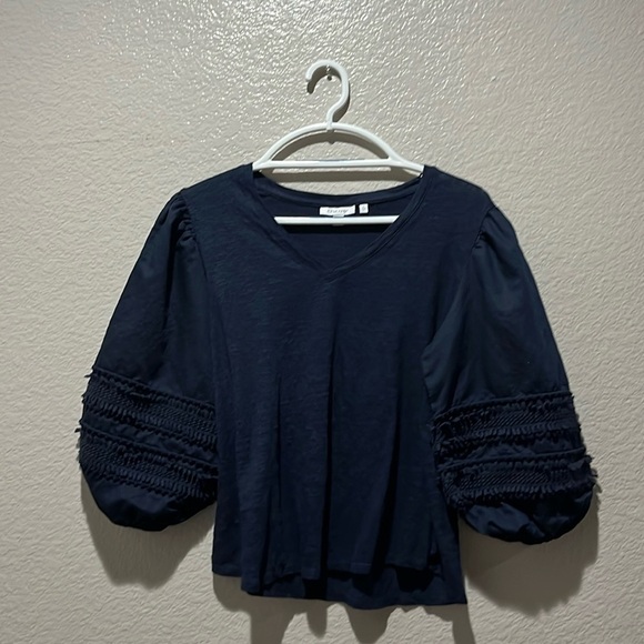 Chico's Linen Pom Sleeve Tee Women's L Blue Retro Minimalist Office Casual Beach - Picture 1 of 7